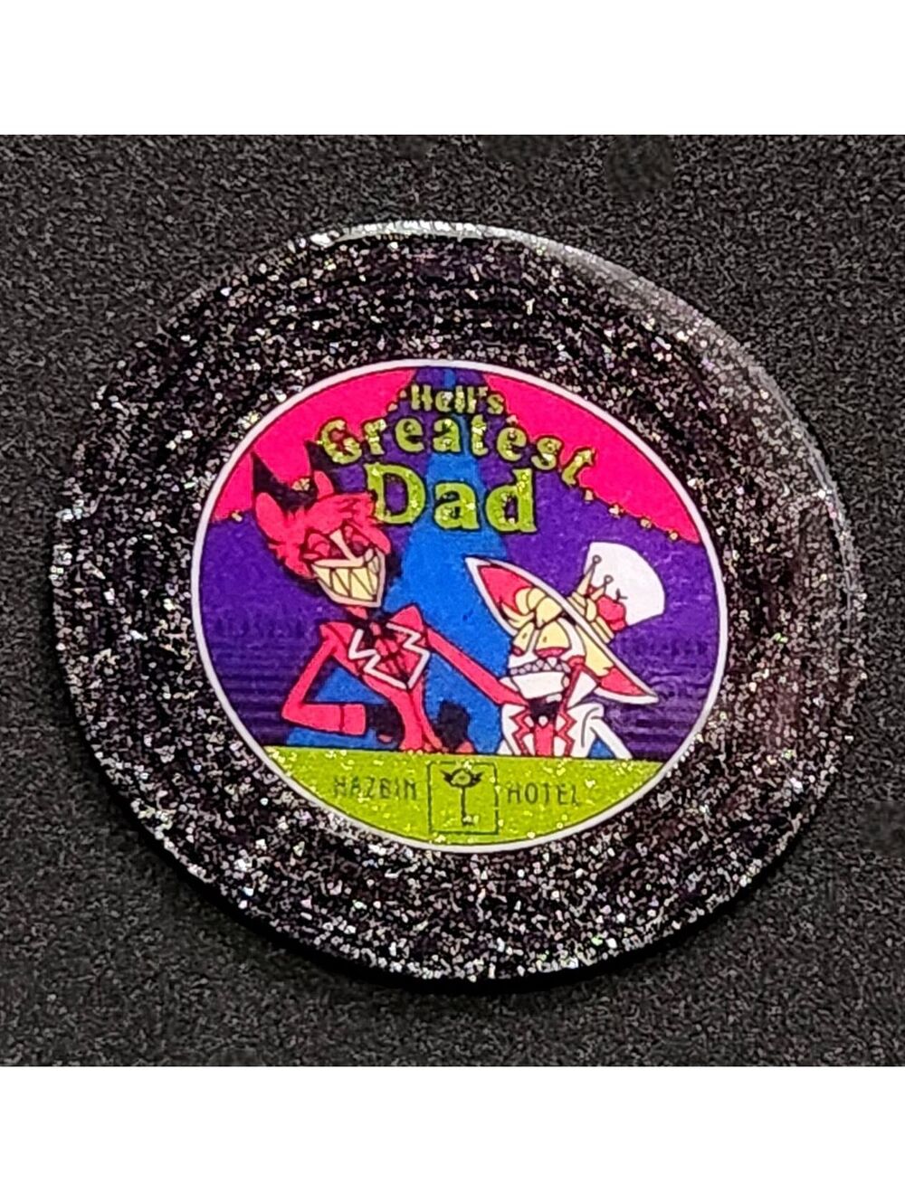 Lucifer & Alastor, Hell's Greatest Dad vynil record glitter pin - Hazbin Hotel